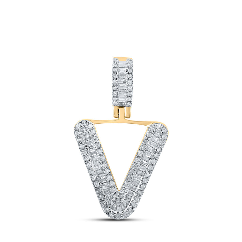 Men's Diamond Charm Pendant | 10kt Yellow Gold Mens Baguette Diamond V Initial Letter Pendant 3/8 Cttw | Splendid Jewellery GND