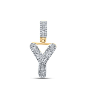 Men's Diamond Charm Pendant | 10kt Yellow Gold Mens Baguette Diamond Y Initial Letter Pendant 1/3 Cttw | Splendid Jewellery GND