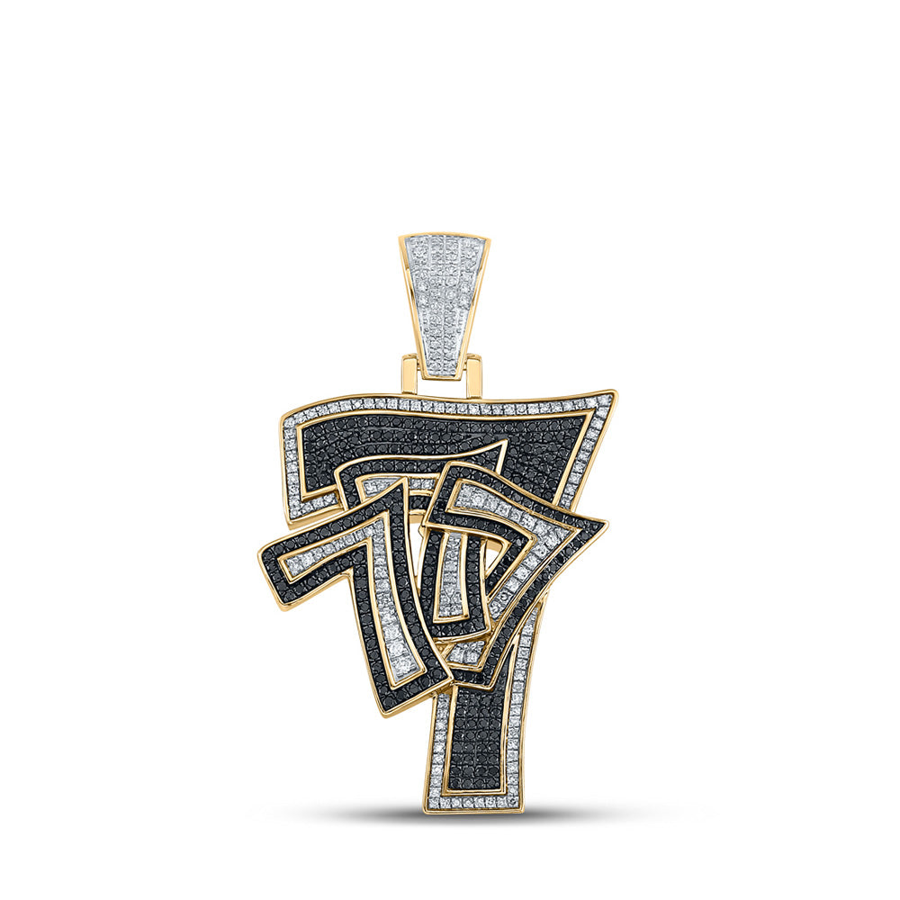 Men's Diamond Charm Pendant | 10kt Yellow Gold Mens Round Black Diamond Lucky 777 Charm Pendant 1-5/8 Ctw | Splendid Jewellery GND