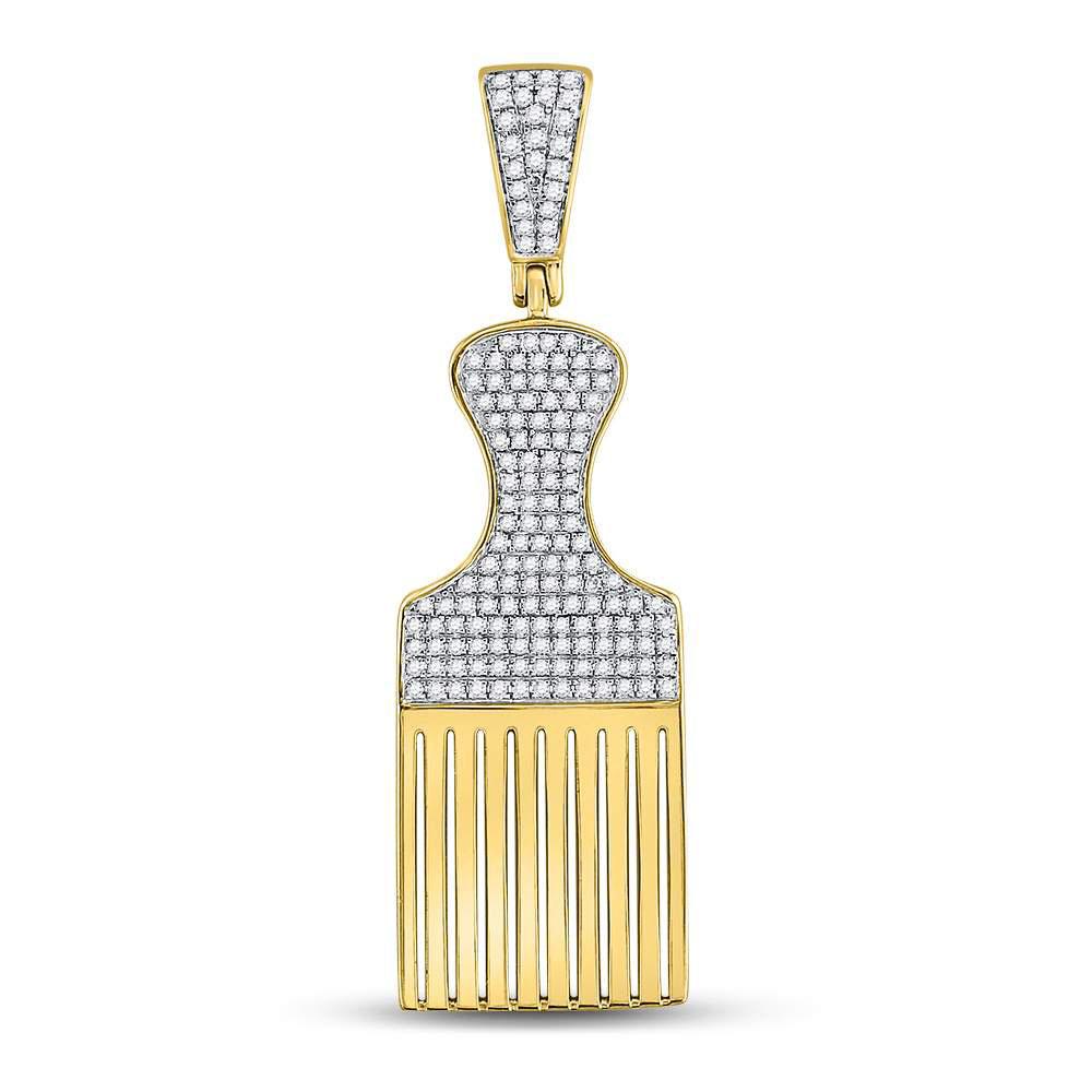 Men's Diamond Charm Pendant | 10kt Yellow Gold Mens Round Diamond Afro Hair Pick Charm Pendant 1/2 Cttw | Splendid Jewellery GND