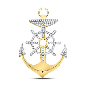 Men's Diamond Charm Pendant | 10kt Yellow Gold Mens Round Diamond Anchor Wheel Nautical Charm Pendant 1-1/5 Cttw | Splendid Jewellery GND