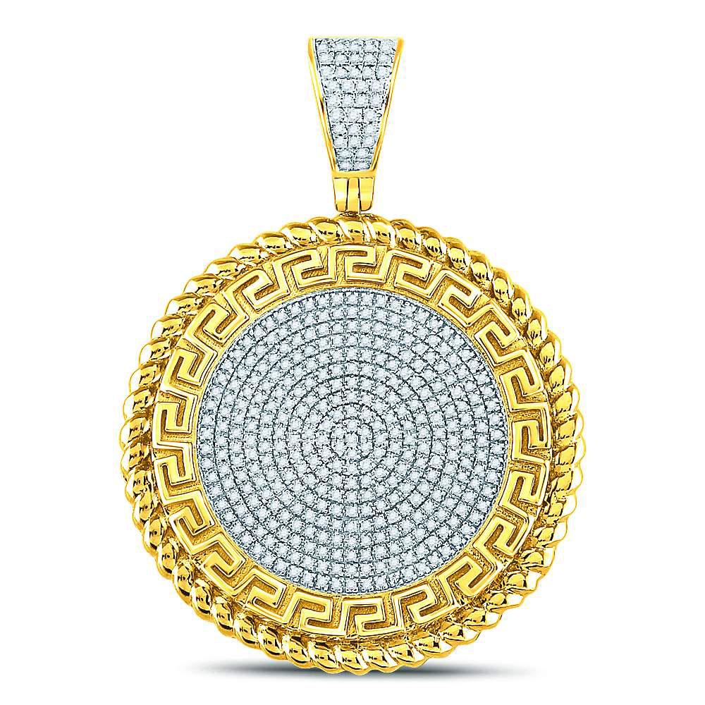 Men's Diamond Charm Pendant | 10kt Yellow Gold Mens Round Diamond Greek Key Circle Charm Pendant 5/8 Cttw | Splendid Jewellery GND