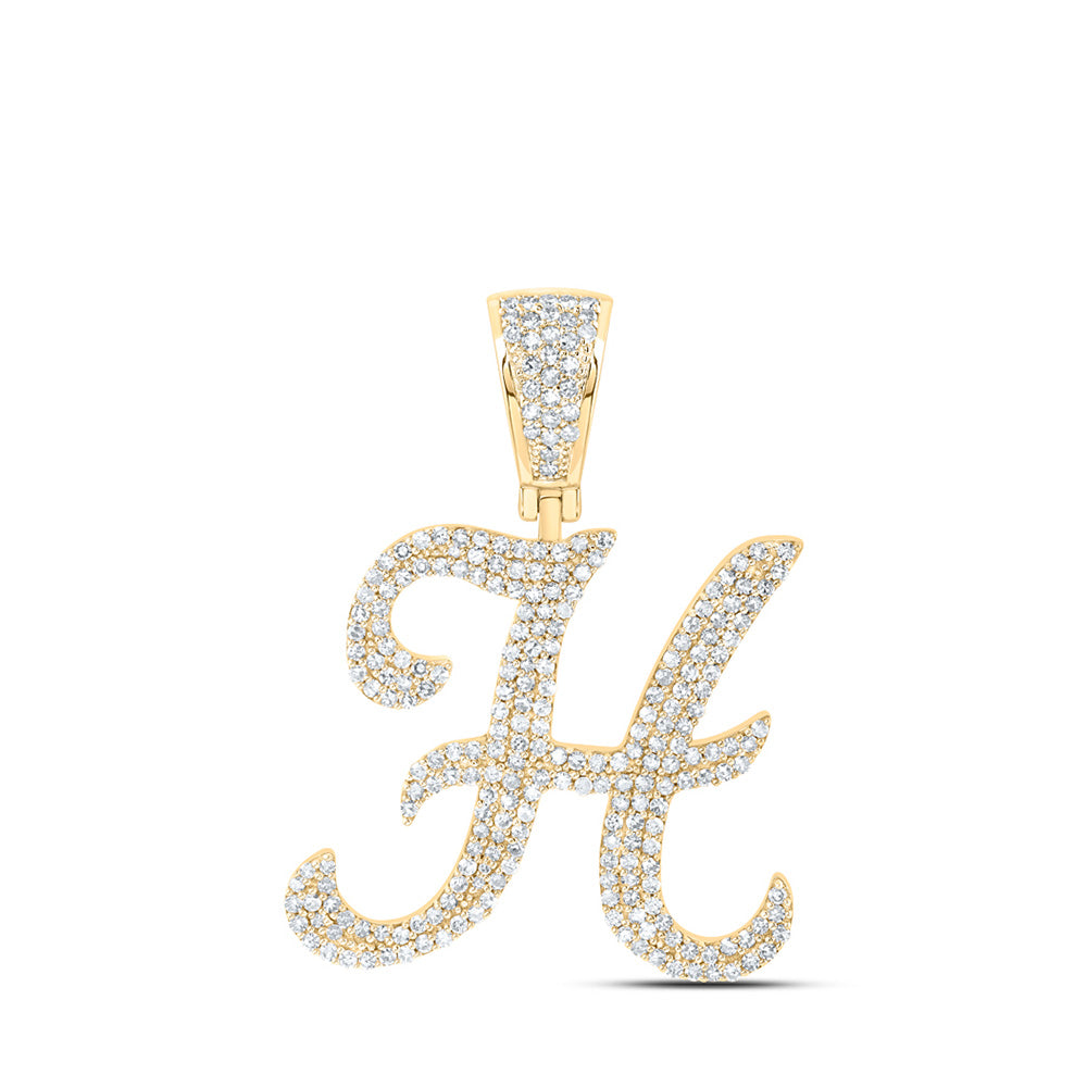 Men's Diamond Charm Pendant | 10kt Yellow Gold Mens Round Diamond H Initial Letter Pendant 1-1/5 Cttw | Splendid Jewellery GND