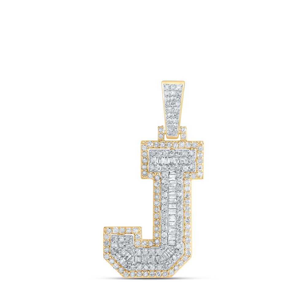 Men's Diamond Charm Pendant | 10kt Yellow Gold Mens Round Diamond J Initial Letter Charm Pendant 5/8 Cttw | Splendid Jewellery GND
