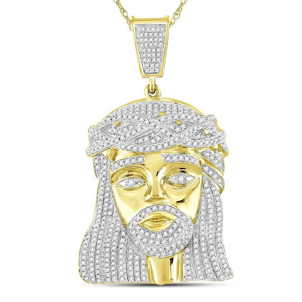 Men's Diamond Charm Pendant | 10kt Yellow Gold Mens Round Diamond Jesus Charm Pendant 1-7/8 Cttw | Splendid Jewellery GND