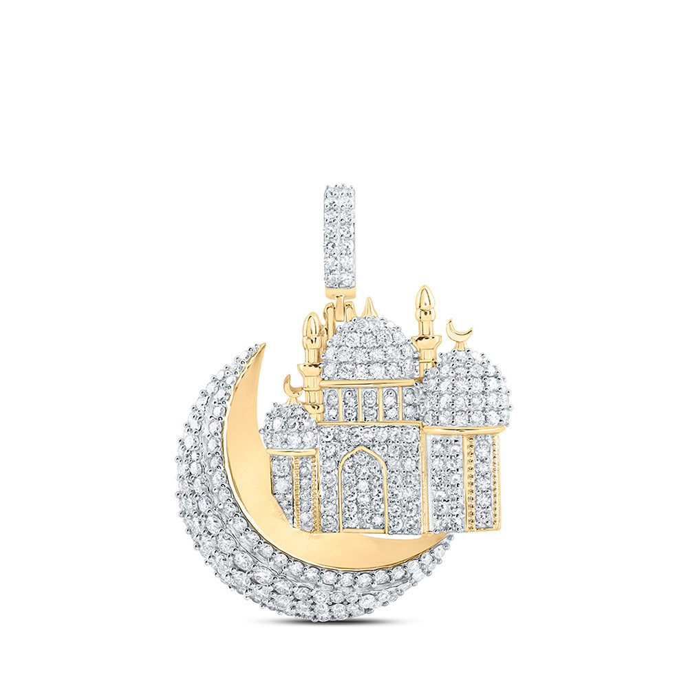 Men's Diamond Charm Pendant | 10kt Yellow Gold Mens Round Diamond Masjid Islam Charm Pendant 2-1/3 Cttw | Splendid Jewellery GND