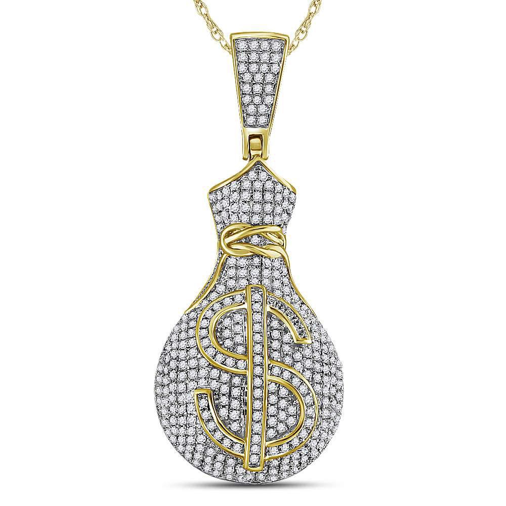 Men's Diamond Charm Pendant | 10kt Yellow Gold Mens Round Diamond Money Bag Dollar Sign Charm Pendant 1 Cttw | Splendid Jewellery GND