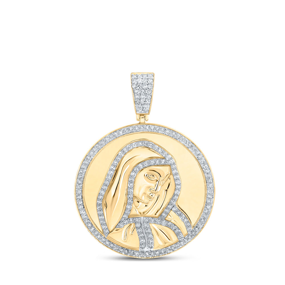 Men's Diamond Charm Pendant | 10kt Yellow Gold Mens Round Diamond Mother Mary Circle Charm Pendant 1 Cttw | Splendid Jewellery GND