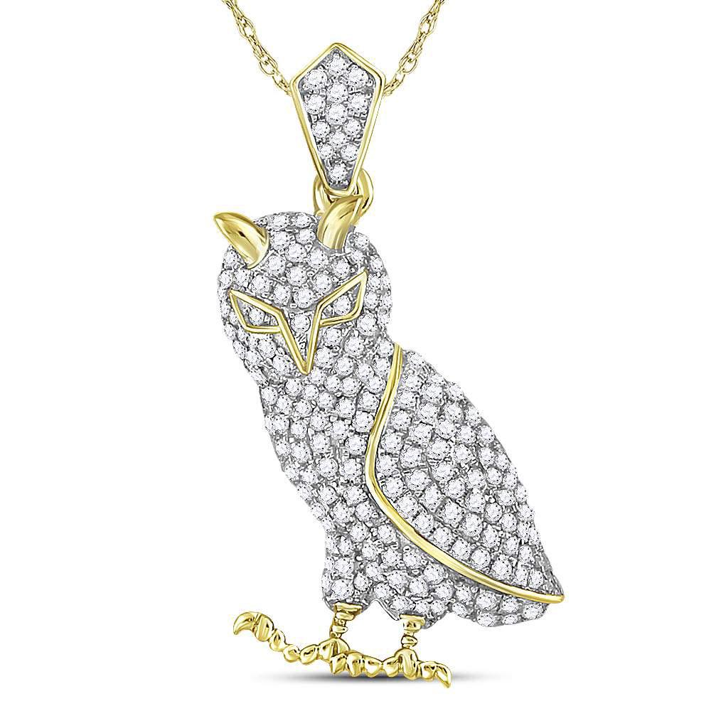 Men's Diamond Charm Pendant | 10kt Yellow Gold Mens Round Diamond Owl Bird Animal Charm Pendant 1 Cttw | Splendid Jewellery GND