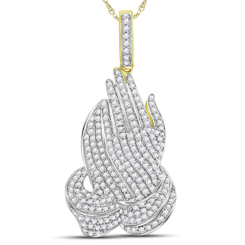 Men's Diamond Charm Pendant | 10kt Yellow Gold Mens Round Diamond Praying Hands Charm Pendant 1-5/8 Cttw | Splendid Jewellery GND
