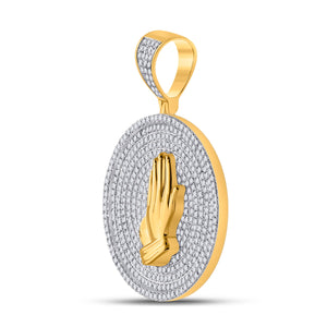 Men's Diamond Charm Pendant | 10kt Yellow Gold Mens Round Diamond Praying Hands Circle Charm Pendant 1 Cttw | Splendid Jewellery GND