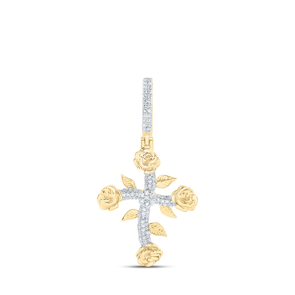 Men's Diamond Charm Pendant | 10kt Yellow Gold Mens Round Diamond Rose Cross Charm Pendant 1/3 Cttw | Splendid Jewellery GND