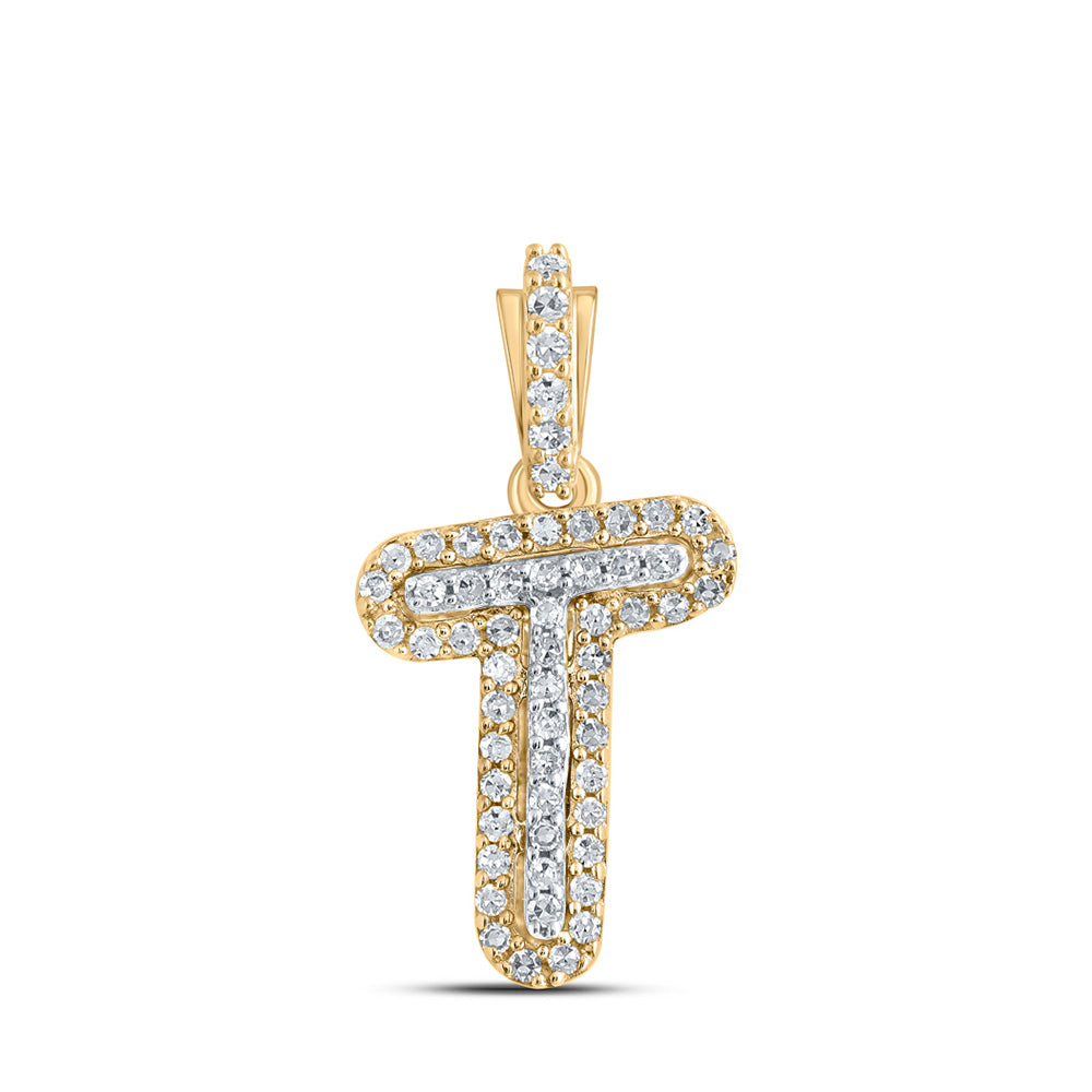 Men's Diamond Charm Pendant | 10kt Yellow Gold Mens Round Diamond T Initial Letter Pendant 1/8 Cttw | Splendid Jewellery GND