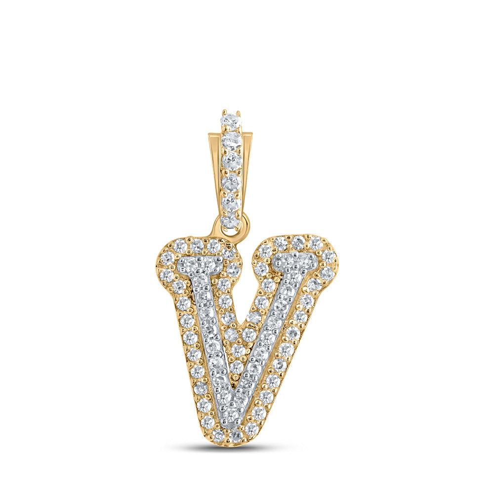 Men's Diamond Charm Pendant | 10kt Yellow Gold Mens Round Diamond V Initial Letter Charm Pendant 1/5 Cttw | Splendid Jewellery GND