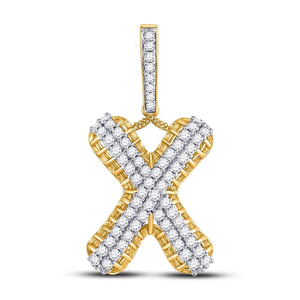 Men's Diamond Charm Pendant | 10kt Yellow Gold Mens Round Diamond X Letter Charm Pendant 1-1/3 Cttw | Splendid Jewellery GND