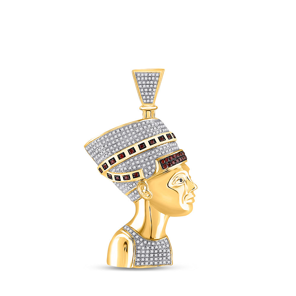 Men's Diamond Charm Pendant | 10kt Yellow Gold Mens Round Red Color Enhanced Diamond Pharaoh Nefertiti Pendant 1 Cttw | Splendid Jewellery GND