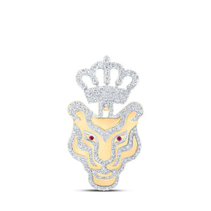 Men's Diamond Charm Pendant | 10kt Yellow Gold Mens Round Ruby Diamond Tiger Crown Charm Pendant 1-1/4 Cttw | Splendid Jewellery GND