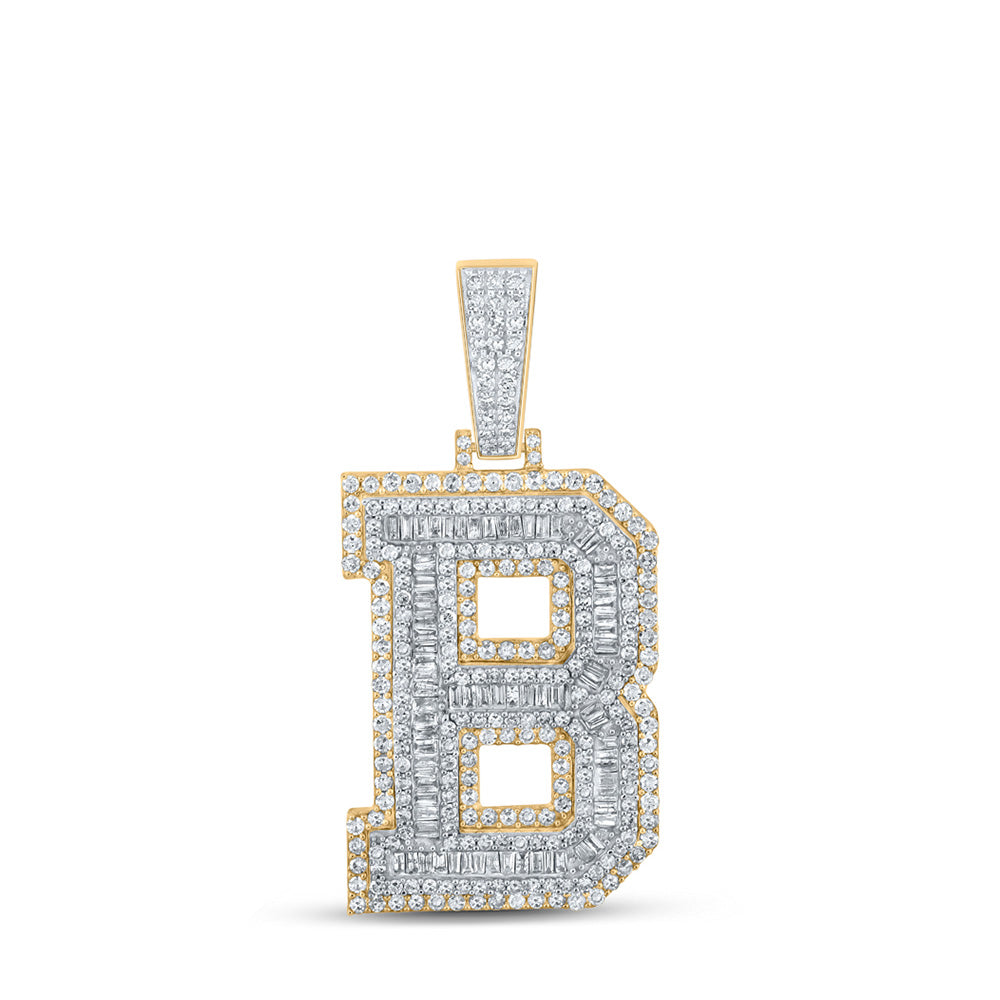 Men's Diamond Charm Pendant | 14kt Two-tone Gold Mens Baguette Diamond B Initial Letter Charm Pendant 2-1/5 Cttw | Splendid Jewellery GND