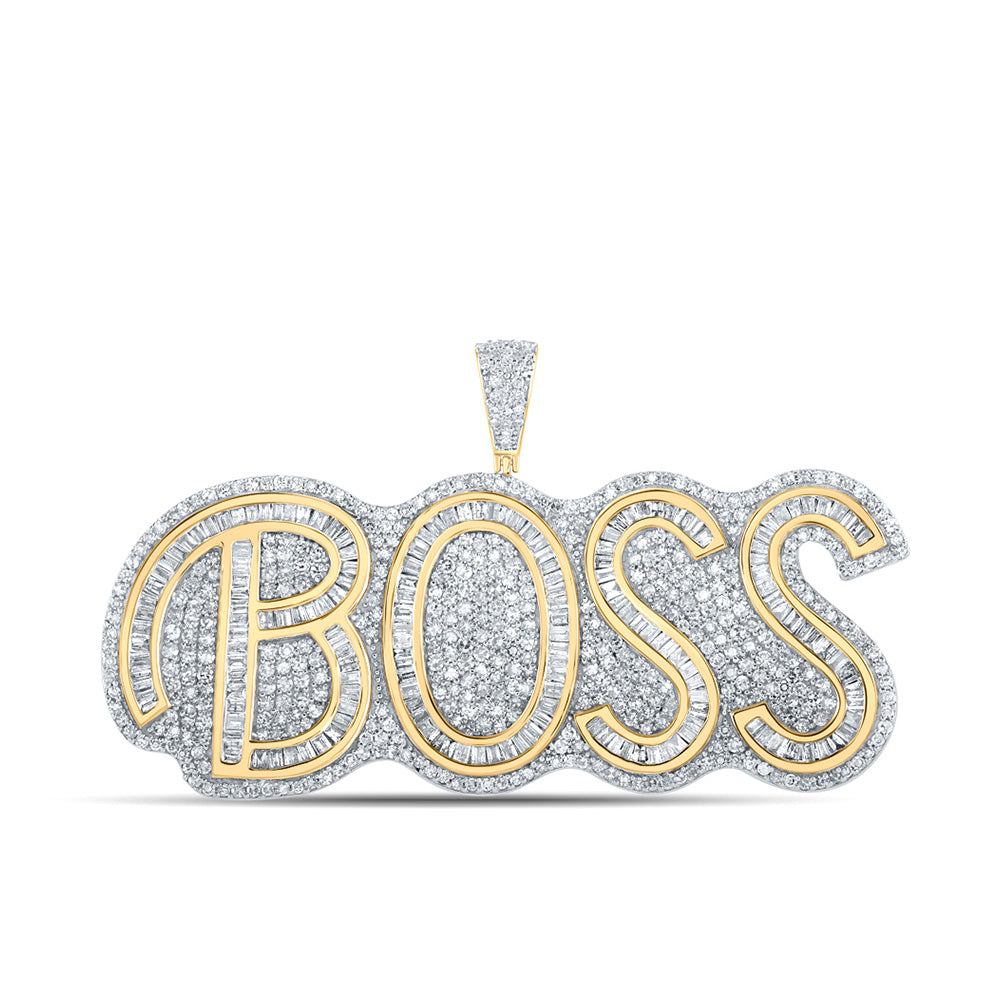 Men's Diamond Charm Pendant | 14kt Two-tone Gold Mens Baguette Diamond BOSS Charm Pendant 3 Cttw | Splendid Jewellery GND