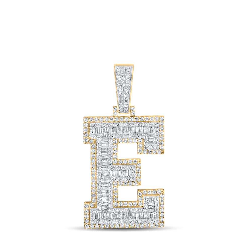 Men's Diamond Charm Pendant | 14kt Two-tone Gold Mens Baguette Diamond E Initial Letter Charm Pendant 2 Cttw | Splendid Jewellery GND