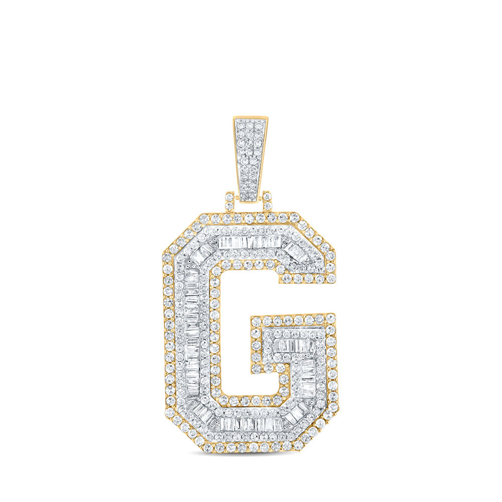 Men's Diamond Charm Pendant | 14kt Two-tone Gold Mens Baguette Diamond G Initial Letter Charm Pendant 1-7/8 Cttw | Splendid Jewellery GND