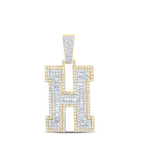 Men's Diamond Charm Pendant | 14kt Two-tone Gold Mens Baguette Diamond H Initial Letter Charm Pendant 2 Cttw | Splendid Jewellery GND