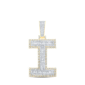 Men's Diamond Charm Pendant | 14kt Two-tone Gold Mens Baguette Diamond I Initial Letter Charm Pendant 1-3/4 Cttw | Splendid Jewellery GND
