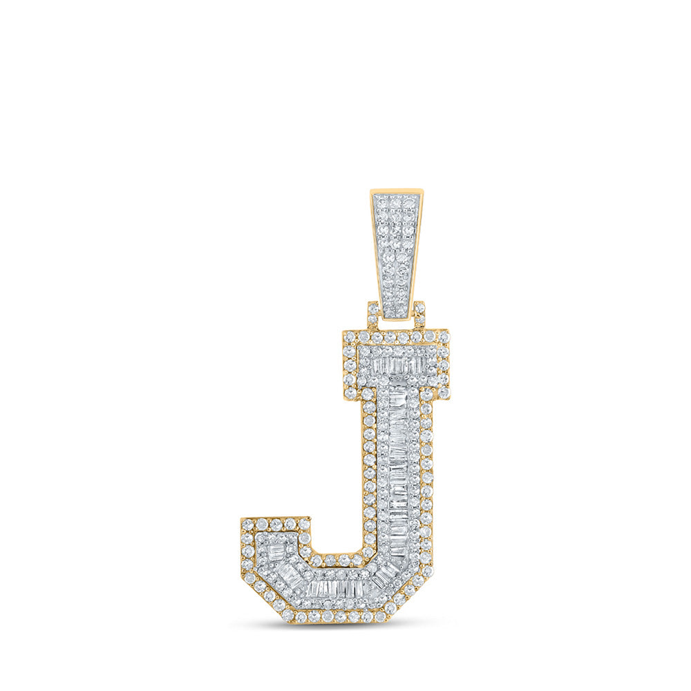 Men's Diamond Charm Pendant | 14kt Two-tone Gold Mens Baguette Diamond J Initial Letter Charm Pendant 1-3/8 Cttw | Splendid Jewellery GND