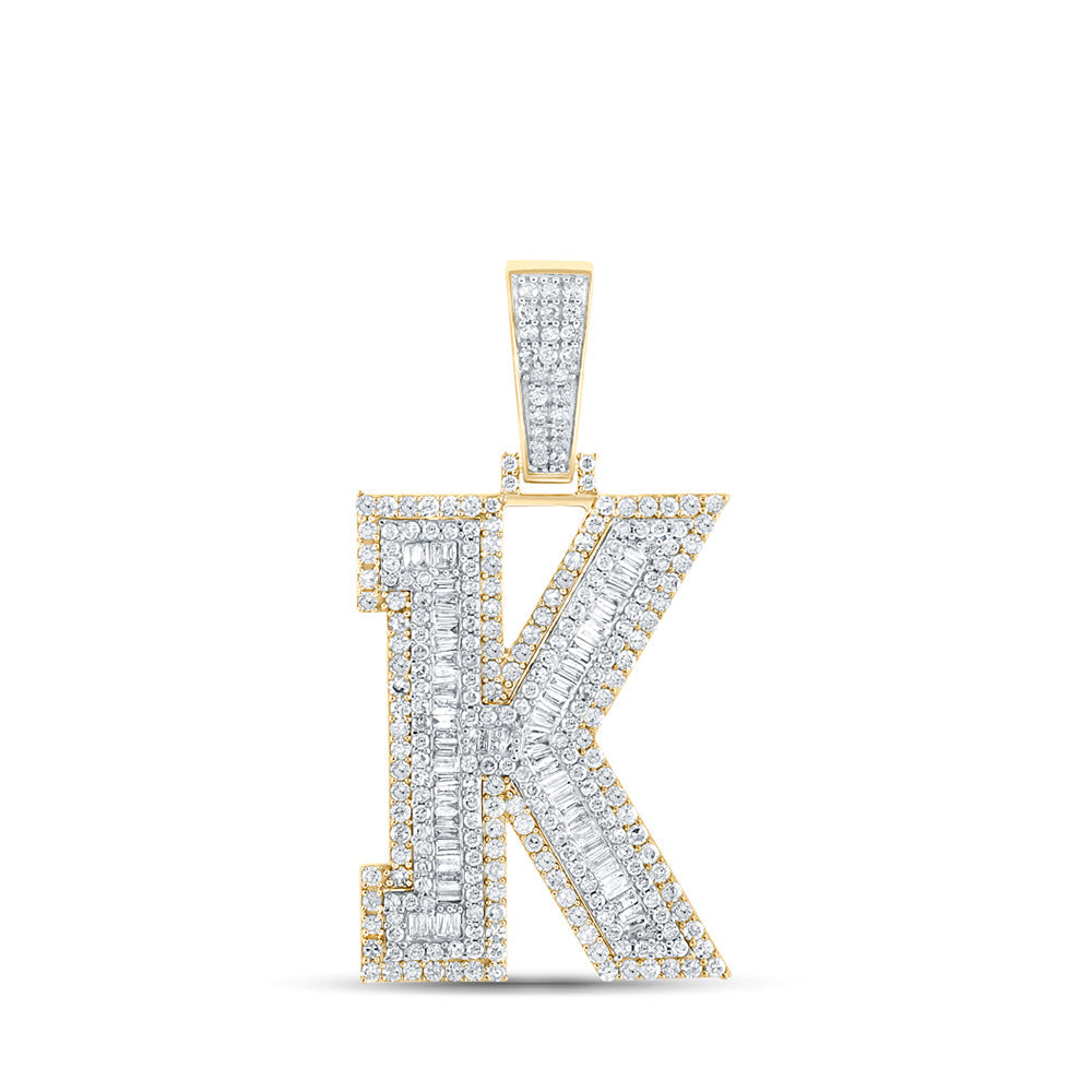 Men's Diamond Charm Pendant | 14kt Two-tone Gold Mens Baguette Diamond K Initial Letter Charm Pendant 1-7/8 Cttw | Splendid Jewellery GND