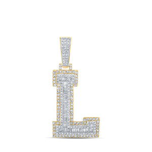 Men's Diamond Charm Pendant | 14kt Two-tone Gold Mens Baguette Diamond L Initial Letter Charm Pendant 1-1/2 Cttw | Splendid Jewellery GND