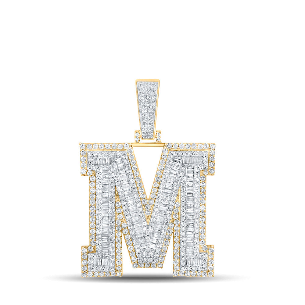 Men's Diamond Charm Pendant | 14kt Two-tone Gold Mens Baguette Diamond M Initial Letter Charm Pendant 2-7/8 Cttw | Splendid Jewellery GND