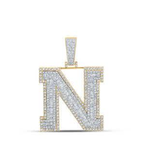 Men's Diamond Charm Pendant | 14kt Two-tone Gold Mens Baguette Diamond N Initial Letter Charm Pendant 2-5/8 Cttw | Splendid Jewellery GND