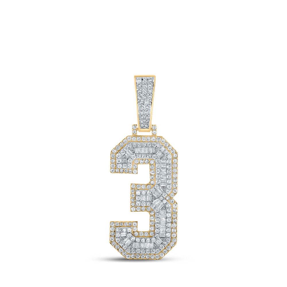 Men's Diamond Charm Pendant | 14kt Two-tone Gold Mens Baguette Diamond Number 3 Charm Pendant 1-1/2 Cttw | Splendid Jewellery GND