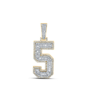 Men's Diamond Charm Pendant | 14kt Two-tone Gold Mens Baguette Diamond Number 5 Charm Pendant 1-5/8 Cttw | Splendid Jewellery GND
