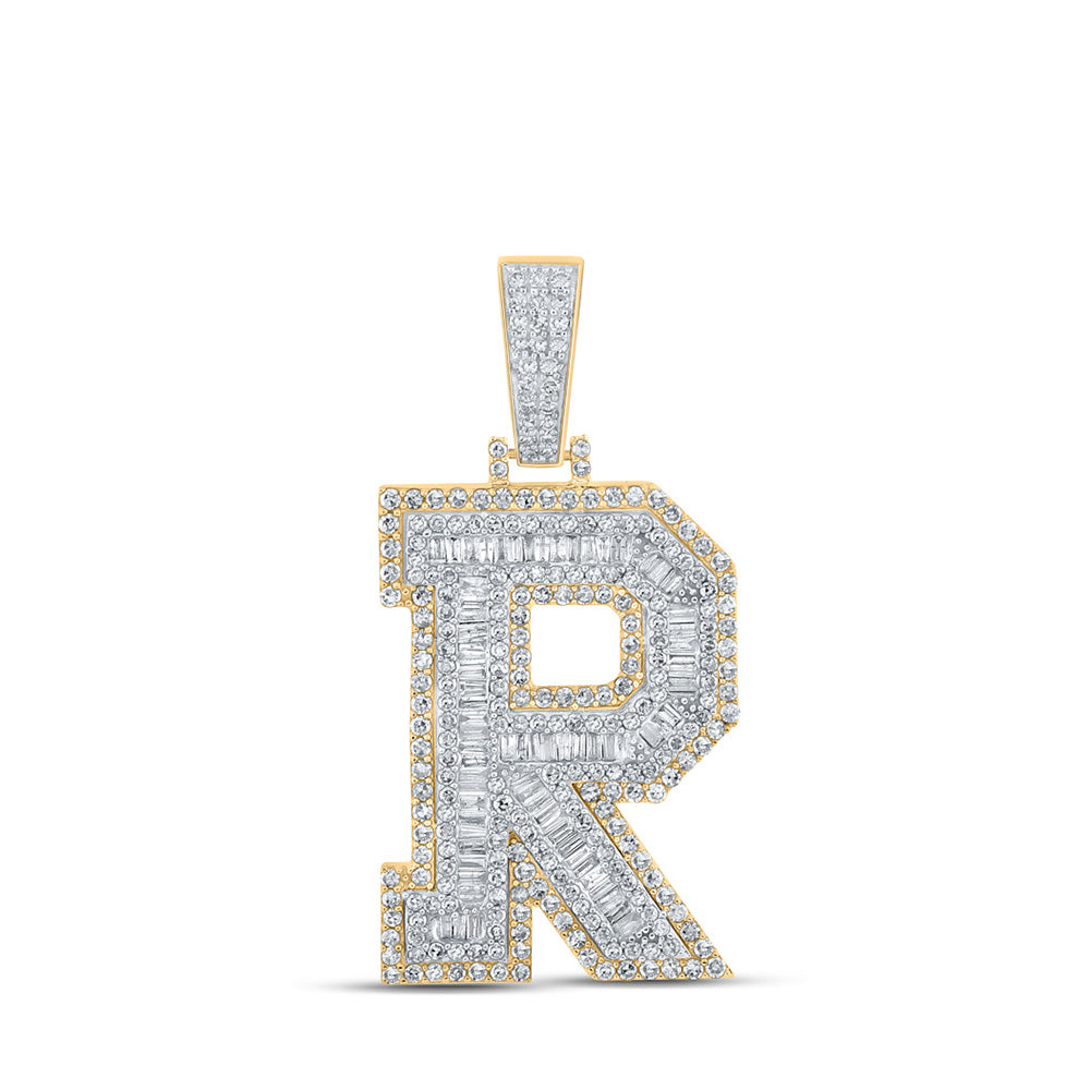 Men's Diamond Charm Pendant | 14kt Two-tone Gold Mens Baguette Diamond R Initial Letter Charm Pendant 2 Cttw | Splendid Jewellery GND