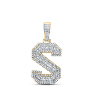 Men's Diamond Charm Pendant | 14kt Two-tone Gold Mens Baguette Diamond S Initial Letter Charm Pendant 1-3/4 Cttw | Splendid Jewellery GND