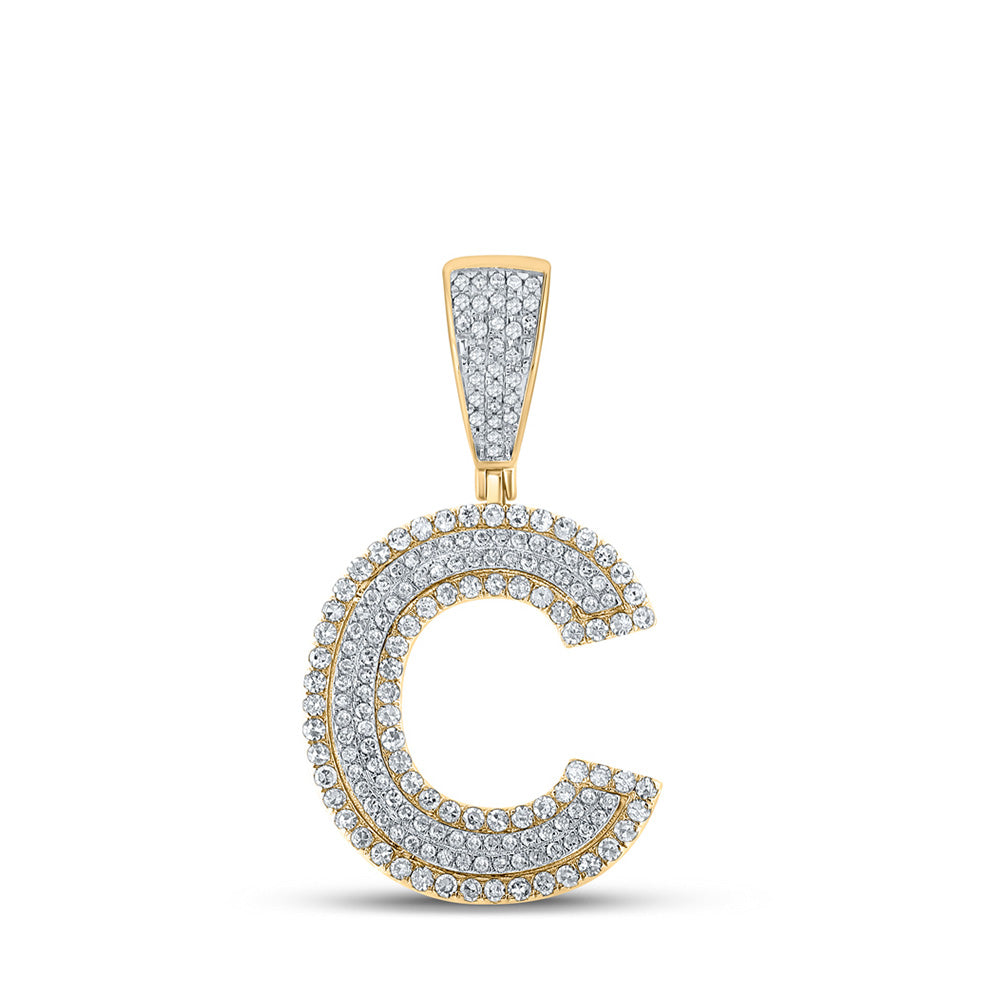 Men's Diamond Charm Pendant | 14kt Two-tone Gold Mens Round Diamond C Initial Letter Charm Pendant 3/4 Cttw | Splendid Jewellery GND