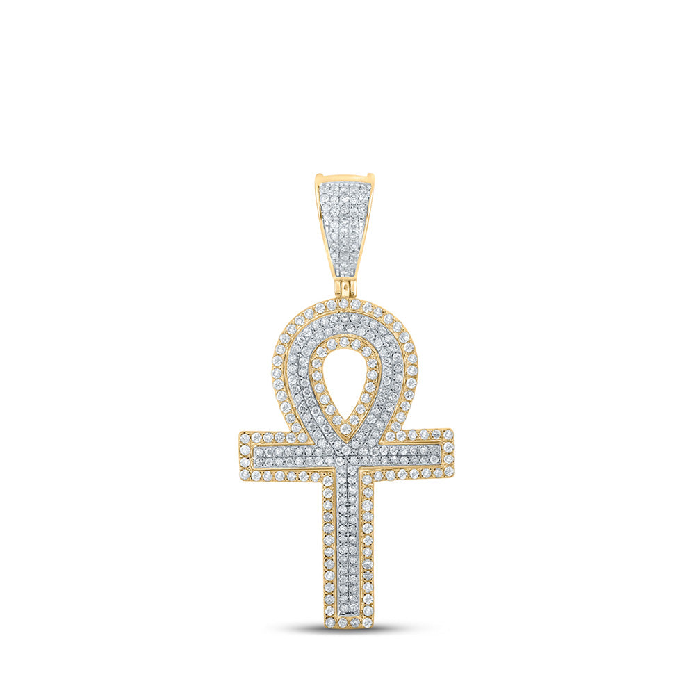 Men's Diamond Charm Pendant | 14kt Two-tone Gold Mens Round Diamond Cross Charm Pendant 7/8 Cttw | Splendid Jewellery GND