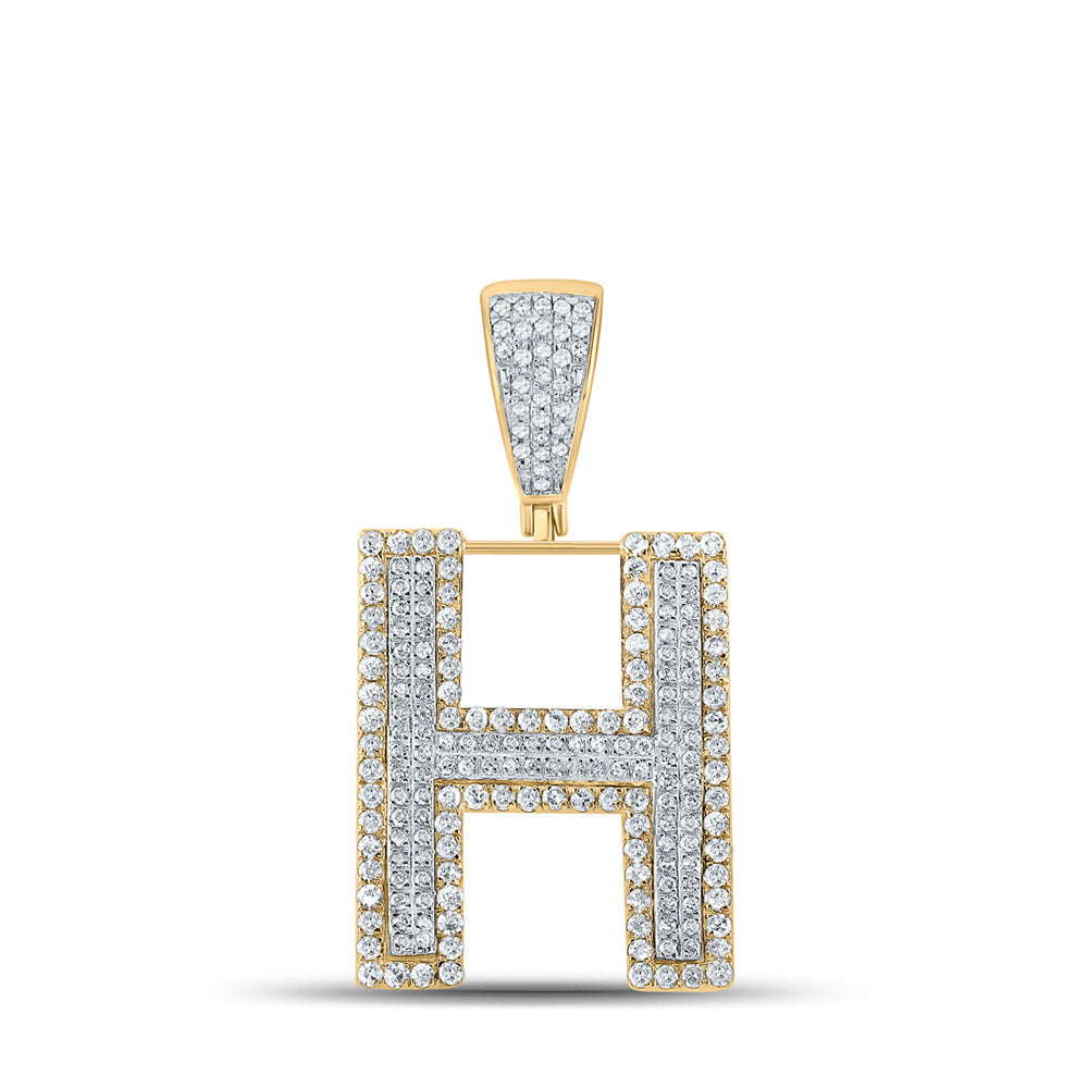 Men's Diamond Charm Pendant | 14kt Two-tone Gold Mens Round Diamond H Initial Letter Charm Pendant 7/8 Cttw | Splendid Jewellery GND