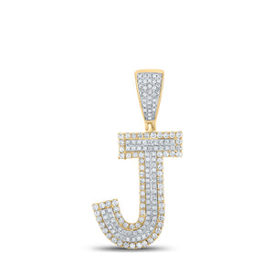 Men's Diamond Charm Pendant | 14kt Two-tone Gold Mens Round Diamond J Initial Letter Charm Pendant 3/4 Cttw | Splendid Jewellery GND