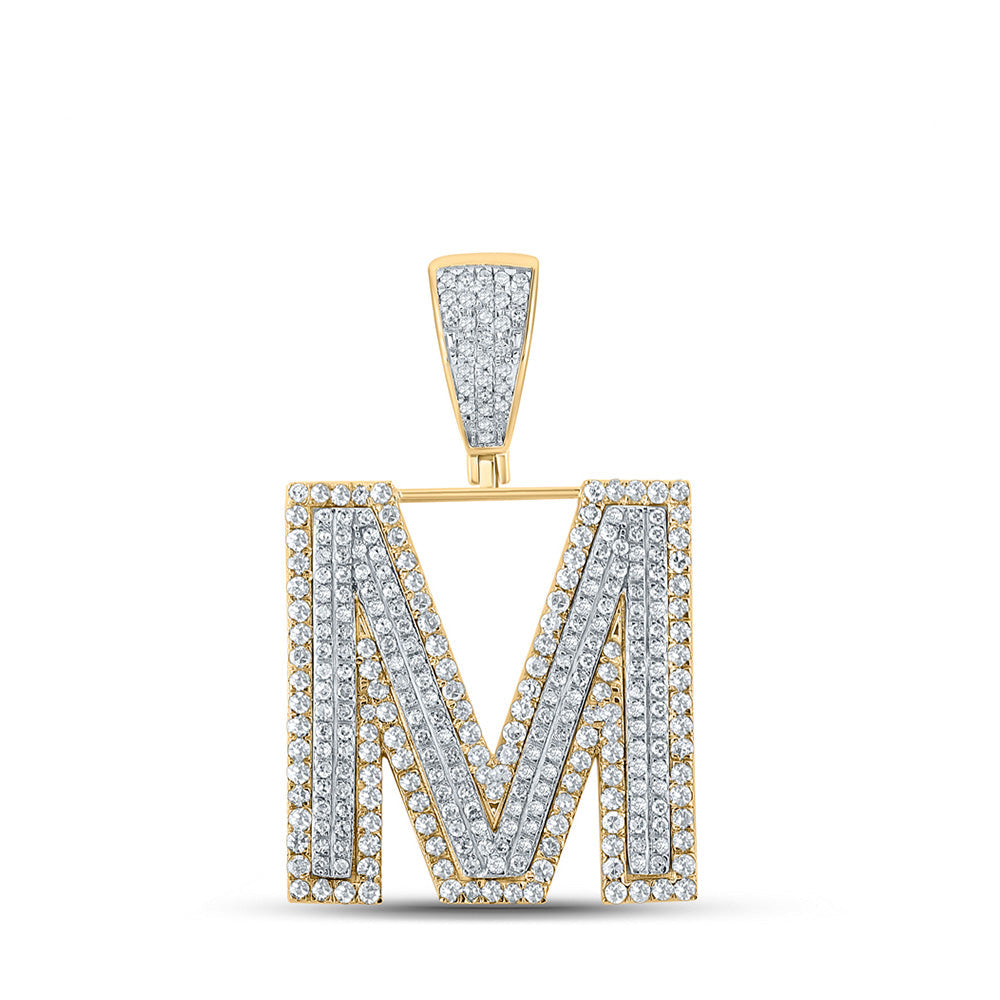 Men's Diamond Charm Pendant | 14kt Two-tone Gold Mens Round Diamond M Initial Letter Charm Pendant 1-1/5 Cttw | Splendid Jewellery GND
