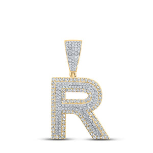 Men's Diamond Charm Pendant | 14kt Two-tone Gold Mens Round Diamond R Initial Letter Charm Pendant 1 Cttw | Splendid Jewellery GND