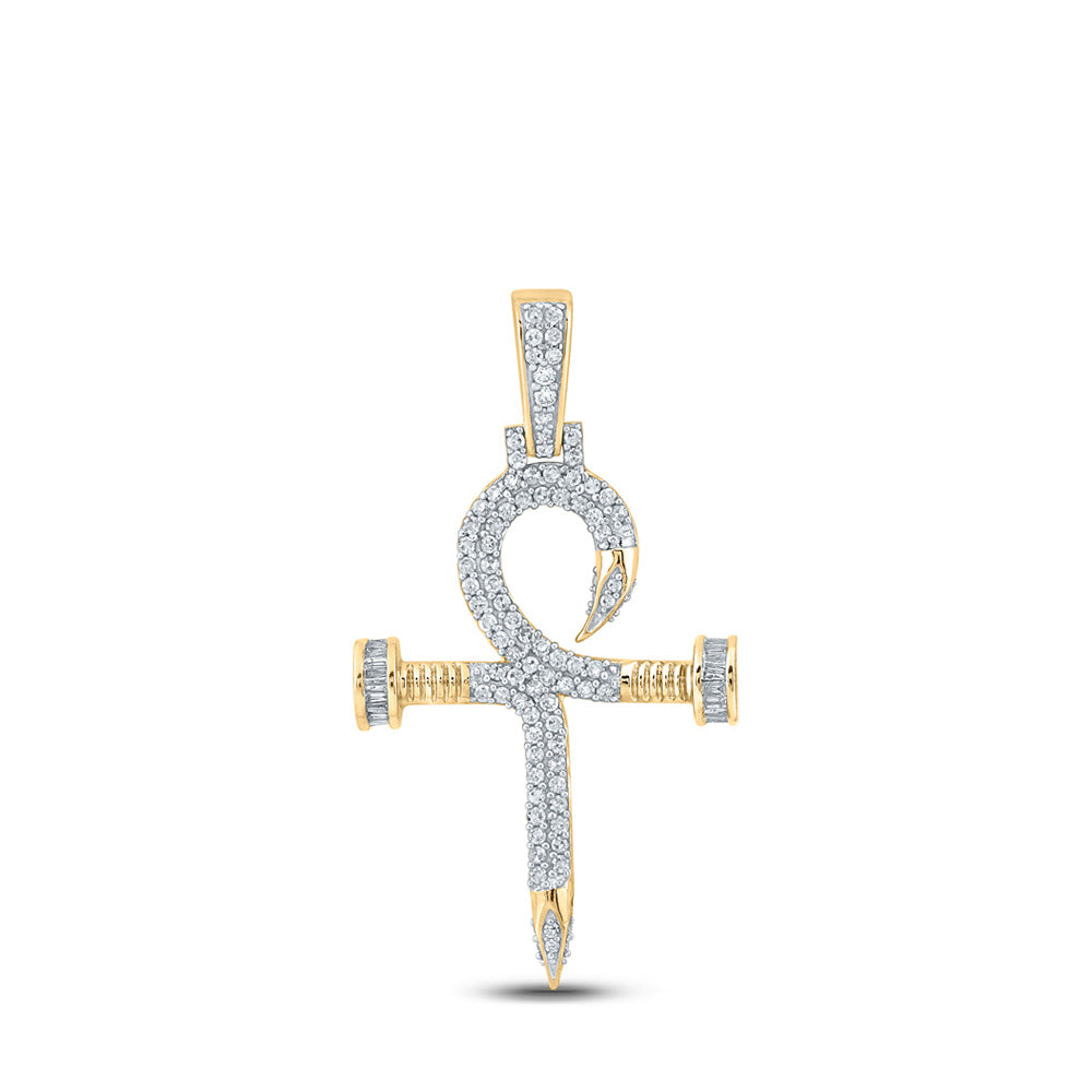 Men's Diamond Charm Pendant | 14kt Yellow Gold Mens Baguette Diamond Nail Cross Charm Pendant 3/4 Cttw | Splendid Jewellery GND
