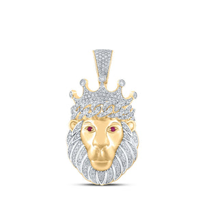 Men's Diamond Charm Pendant | 14kt Yellow Gold Mens Round Diamond Lion Crown Charm Pendant 2 Cttw | Splendid Jewellery GND