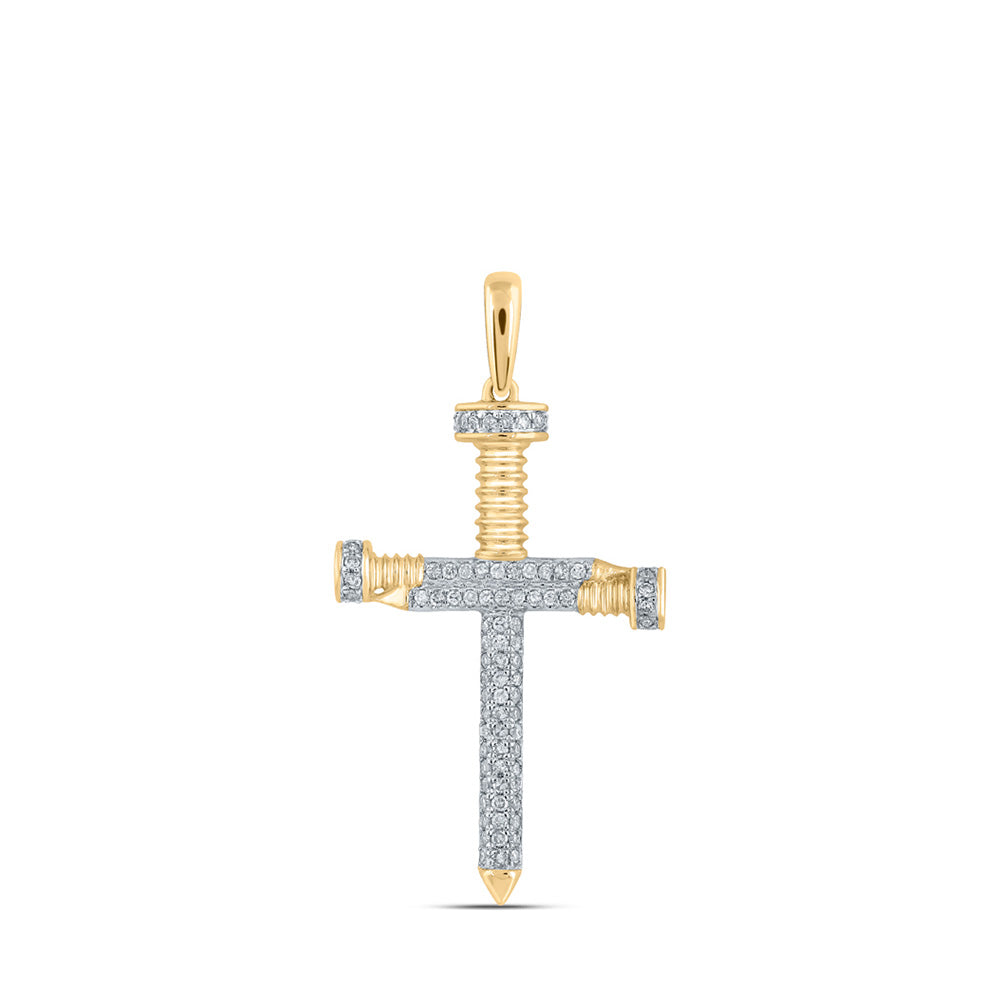Men's Diamond Charm Pendant | 14kt Yellow Gold Mens Round Diamond Nail Cross Charm Pendant 1/3 Cttw | Splendid Jewellery GND