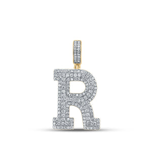 Men's Diamond Charm Pendant | 14kt Yellow Gold Mens Round Diamond R Initial Letter Charm Pendant 1-7/8 Cttw | Splendid Jewellery GND
