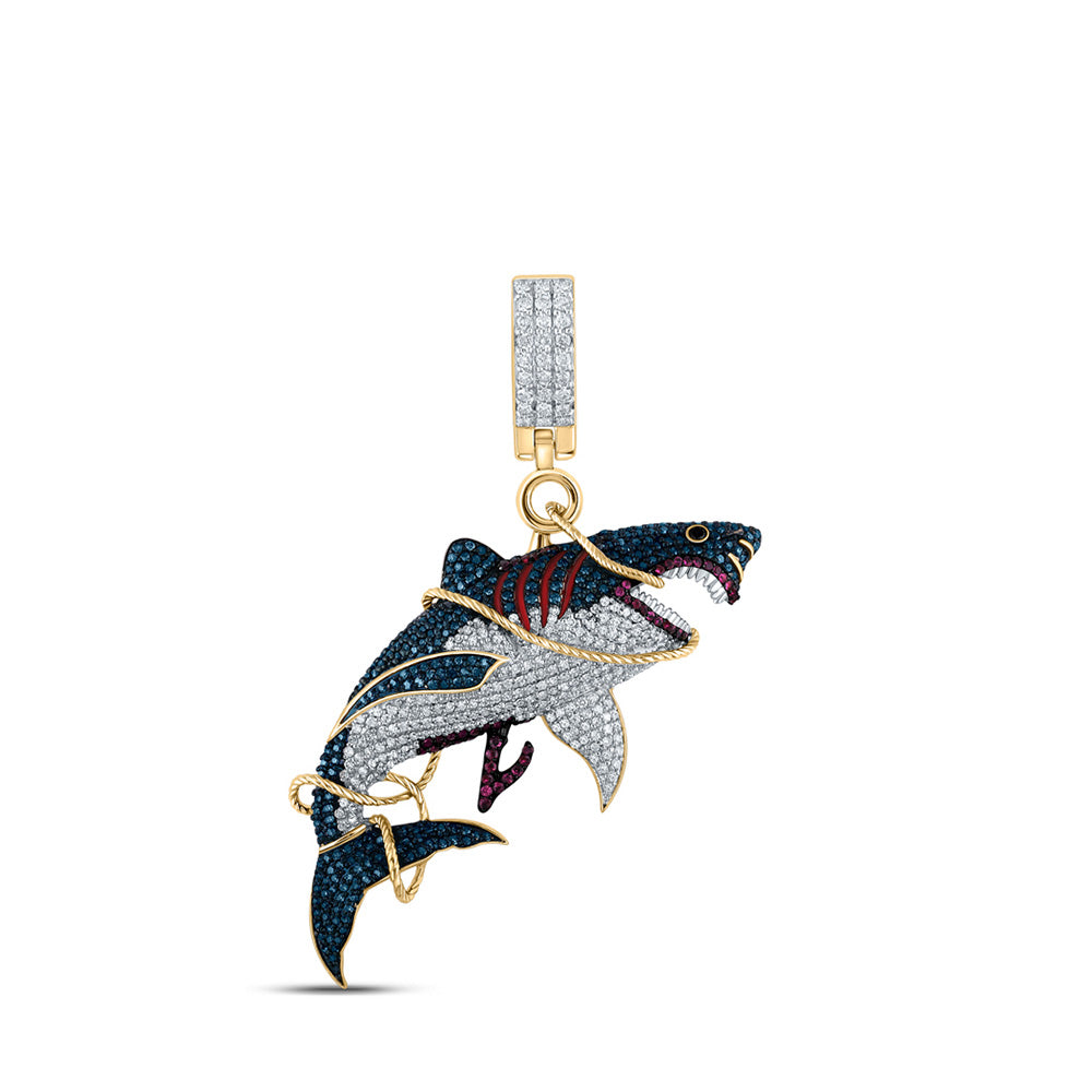 Men's Diamond Charm Pendant | 14kt Yellow Gold Mens Round Diamond Shark Animal Charm Pendant 1-1/2 Cttw | Splendid Jewellery GND