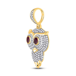 Men's Diamond Charm Pendant | 14kt Yellow Gold Mens Round Ruby Diamond Owl Bird Charm Pendant 2-5/8 Cttw | Splendid Jewellery GND