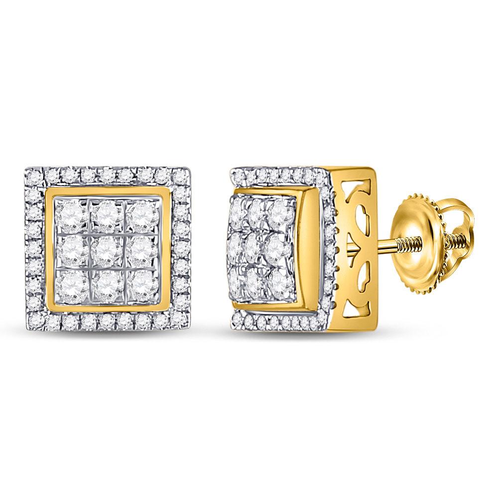 Men's Diamond Earrings | 10kt Yellow Gold Mens Round Diamond Square Cluster Earrings 3/4 Cttw | Splendid Jewellery GND