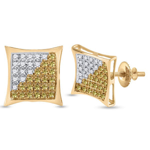 Men's Diamond Earrings | 10kt Yellow Gold Mens Round Yellow Color Enhanced Diamond Square Cluster Earrings 1/4 Cttw | Splendid Jewellery GND